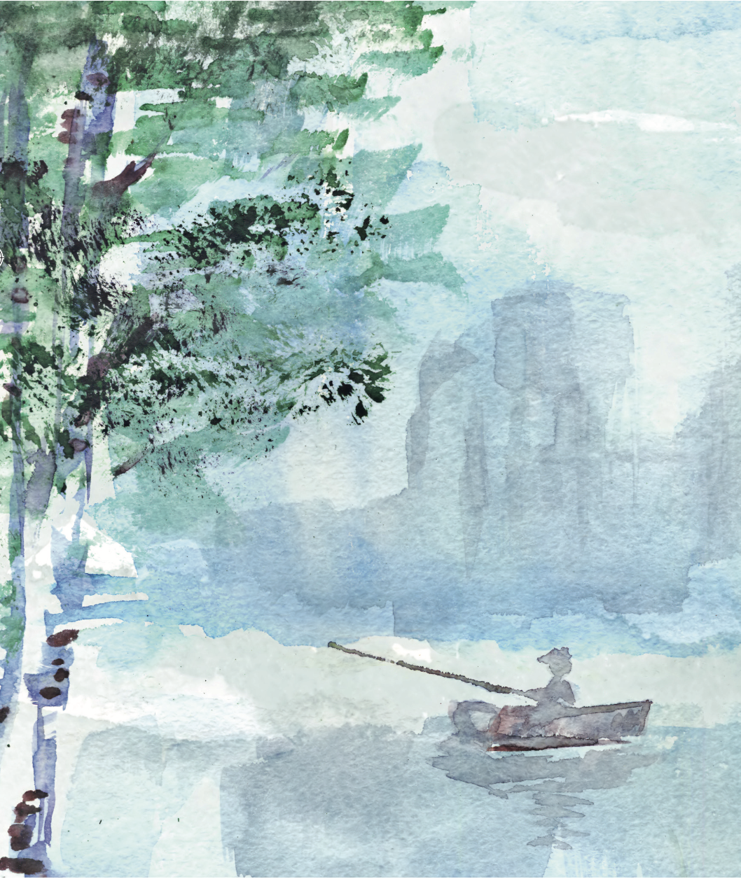 Watercolor of a person fishing from a boat on a calm, forested lake