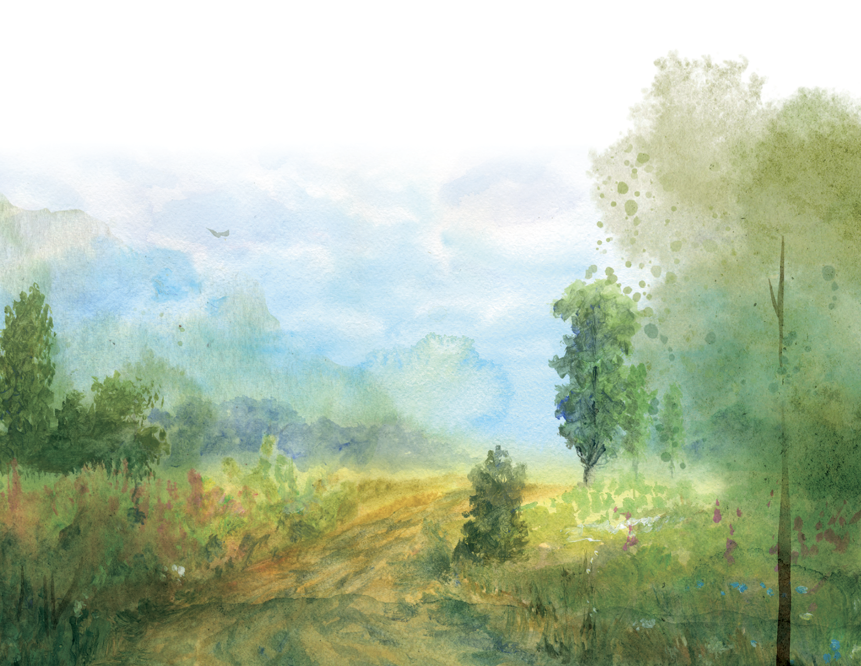 Watercolor of a peaceful landscape with trees and an open sky