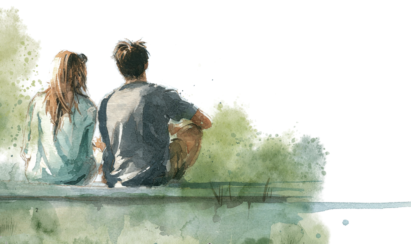 Watercolor of a couple sitting close together outdoors on the grass